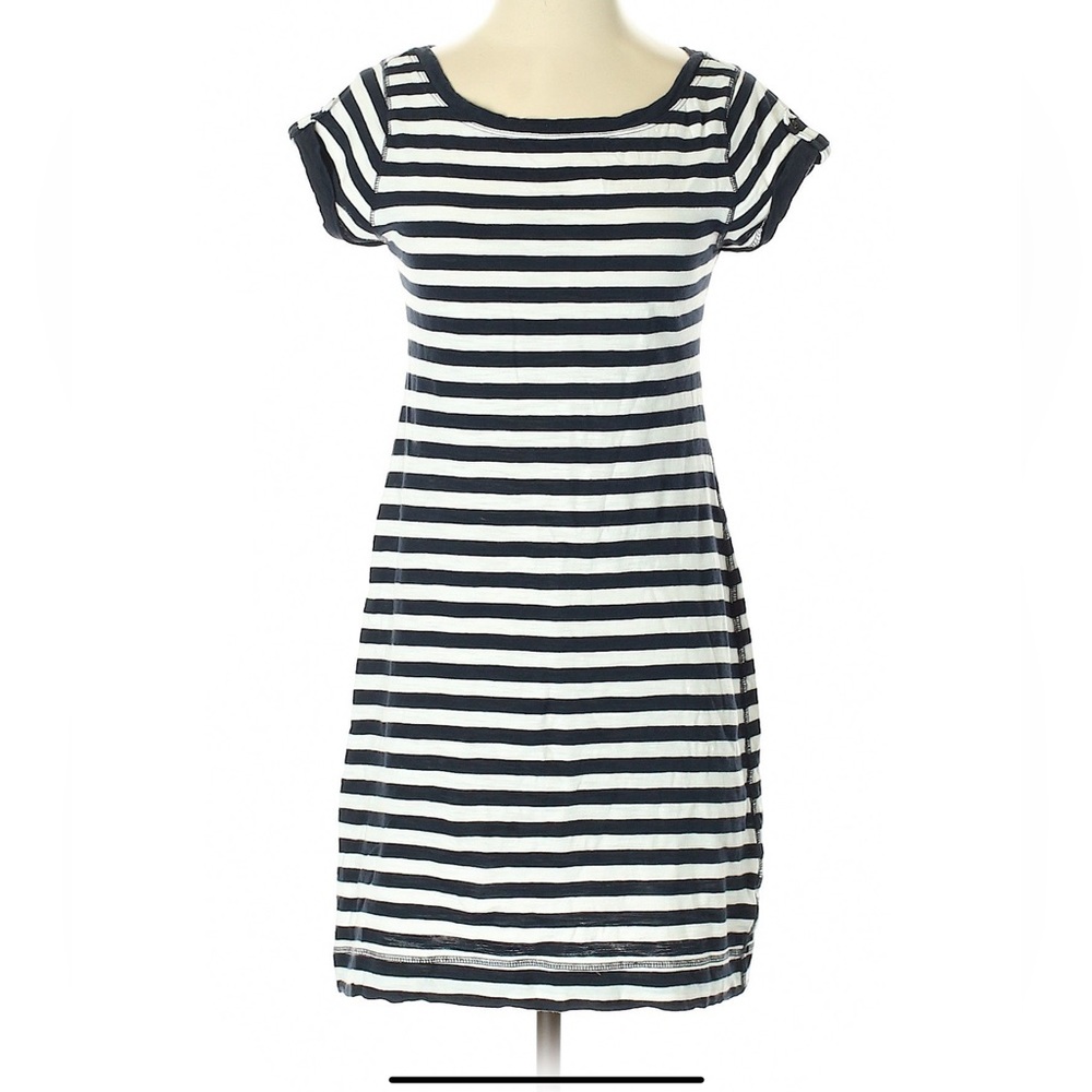 2/$30 BANANA REPUBLIC Cute  black, and white striped dress with cuffed sleeves .